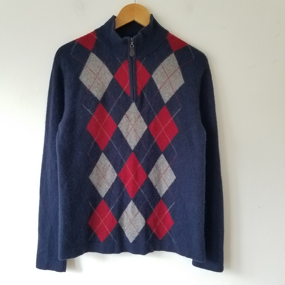 Allen Solly 100% 2 Ply Cashmere Argyle Longsleeve 1/4 Zip Sweater Size Large